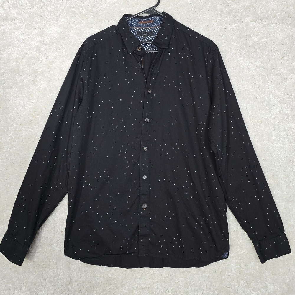Ted Baker Star Print Shirt Mens 5 Large Black Celestial Long Sleeve Button Up